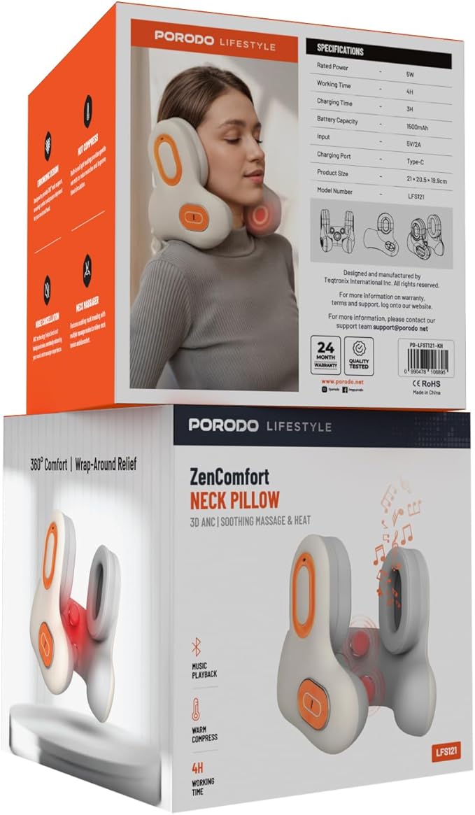 Porodo Lifestyle ZenComfort Neck Pillow, Neck Massager, Warm Compress, Music Playback, 3D ANC Noise Cancellation, 4H Working Time, 1500mAh Battery, Ergonomic Massager - Khaki